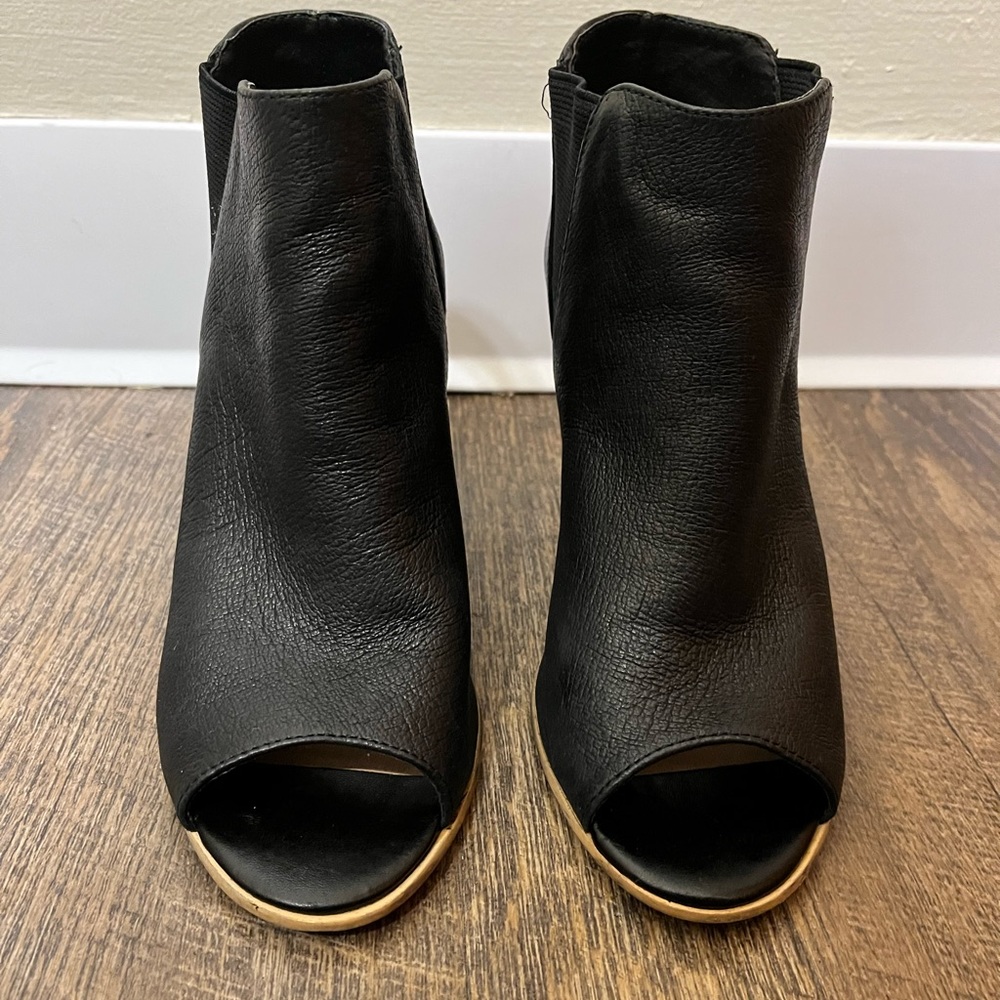 Leather, black Steve Madden peep toe bootie. Size 6